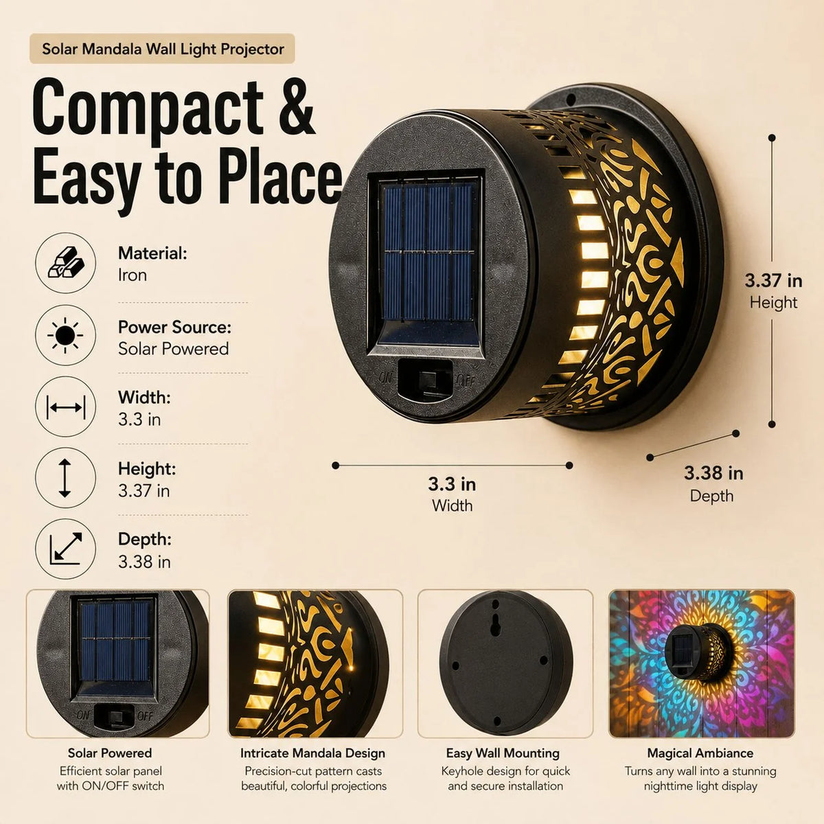 Outdoor-Ready Solar Mandala Wall Light for Garden Display