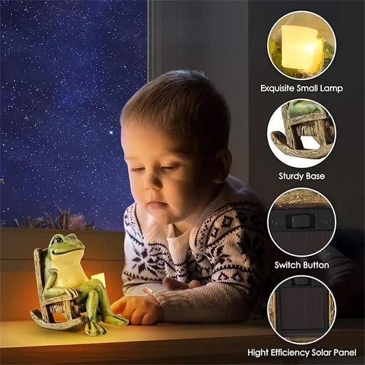 Charming Solar-Powered Frog on Rocking Chair Statue