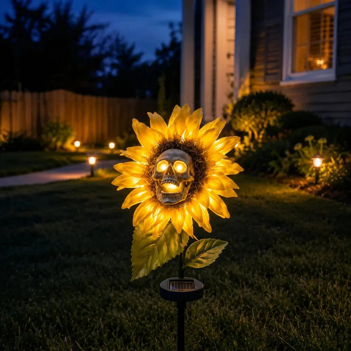 Solar Sunflower Skull Garden Stake Light for Spooky Outdoor Decor