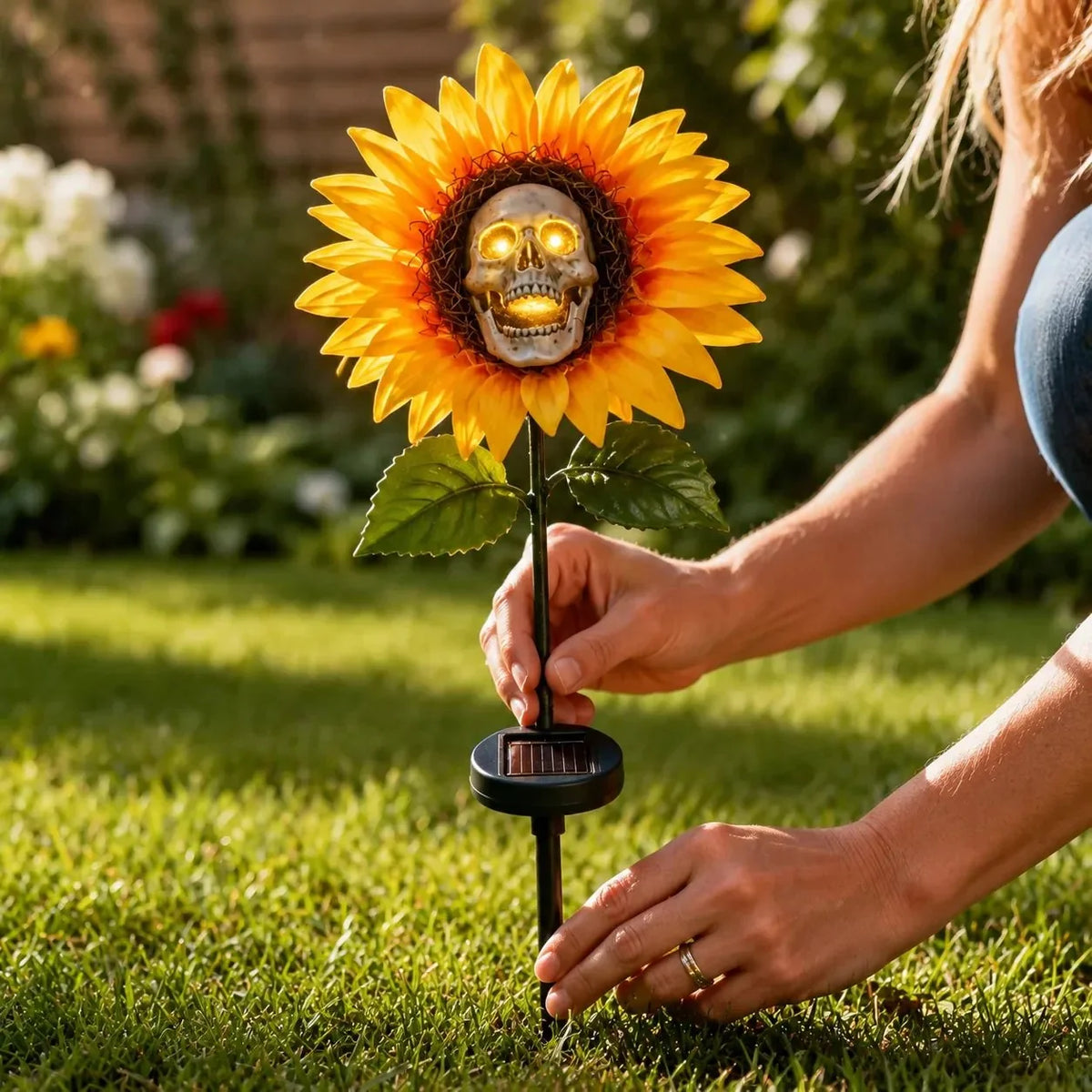 Solar Sunflower Skull Garden Stake Light for Spooky Outdoor Decor