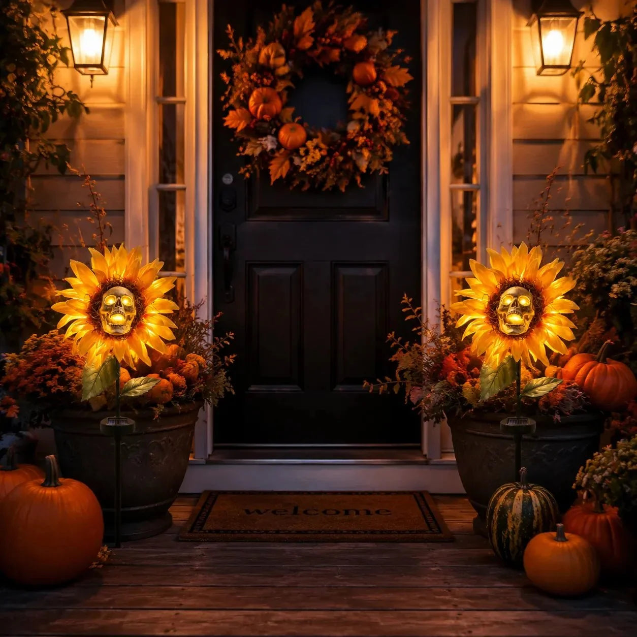 Solar Sunflower Skull Garden Stake Light for Spooky Outdoor Decor
