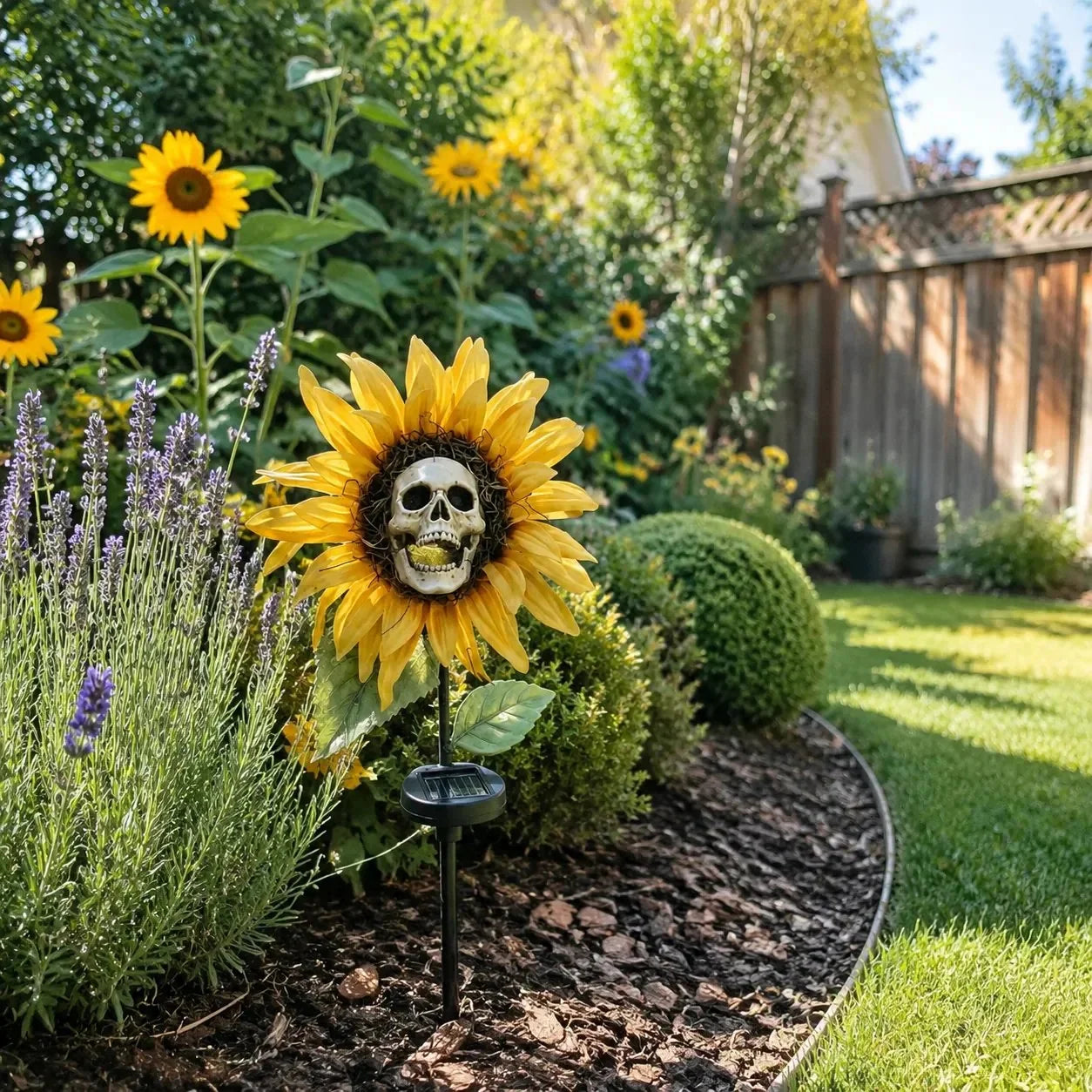 Solar Sunflower Skull Garden Stake Light for Spooky Outdoor Decor