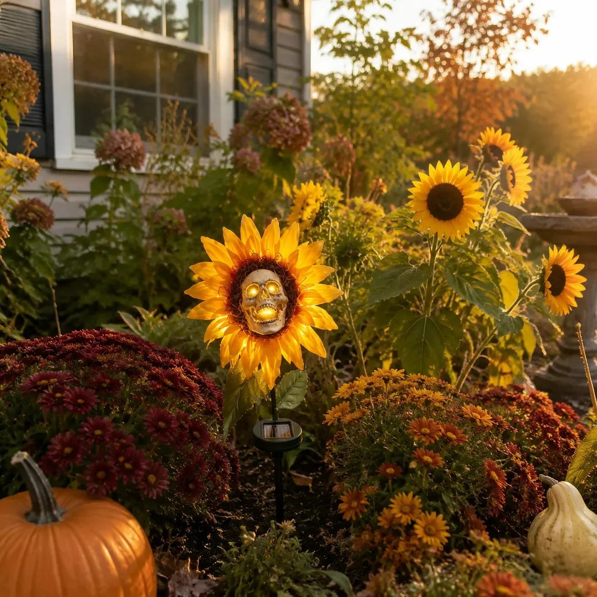 Solar Sunflower Skull Garden Stake Light for Spooky Outdoor Decor