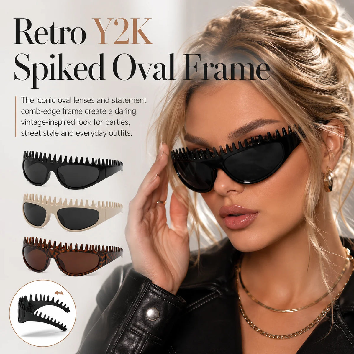 Jagged-Frame Y2K Oval Sunglasses with a Spiky Retro Look