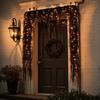 Decorative Fireplace Decor Set with LED Lights – Black Vine Garland