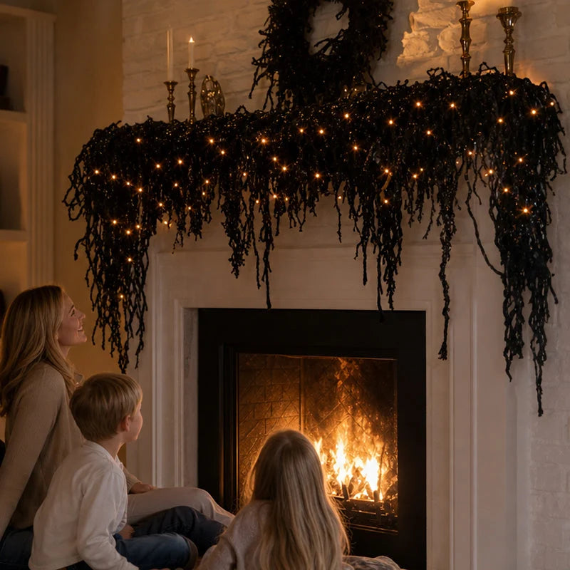 Decorative Fireplace Decor Set with LED Lights – Black Vine Garland
