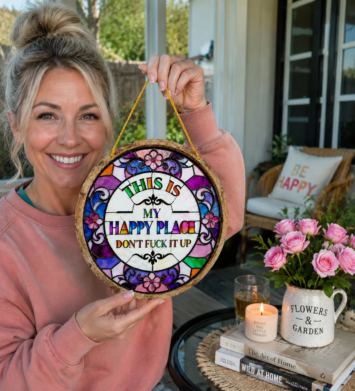 Decorative Stained Glass-Style Happy Place Hanging Sun – Stained Glass