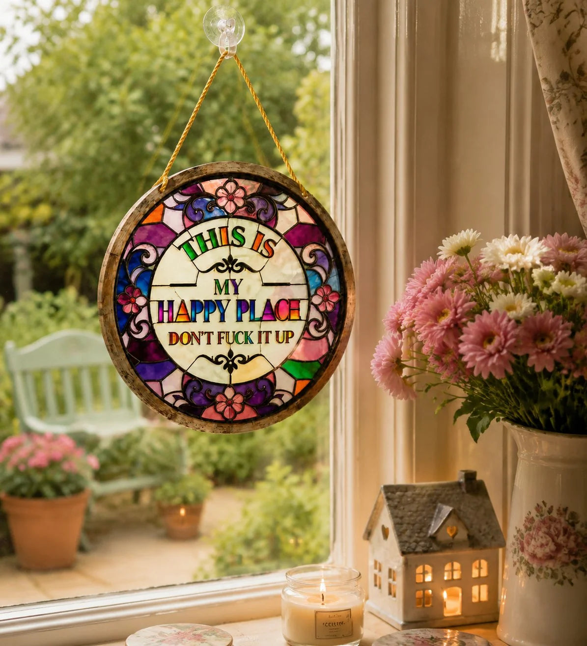 Decorative Stained Glass-Style Happy Place Hanging Sun – Stained Glass