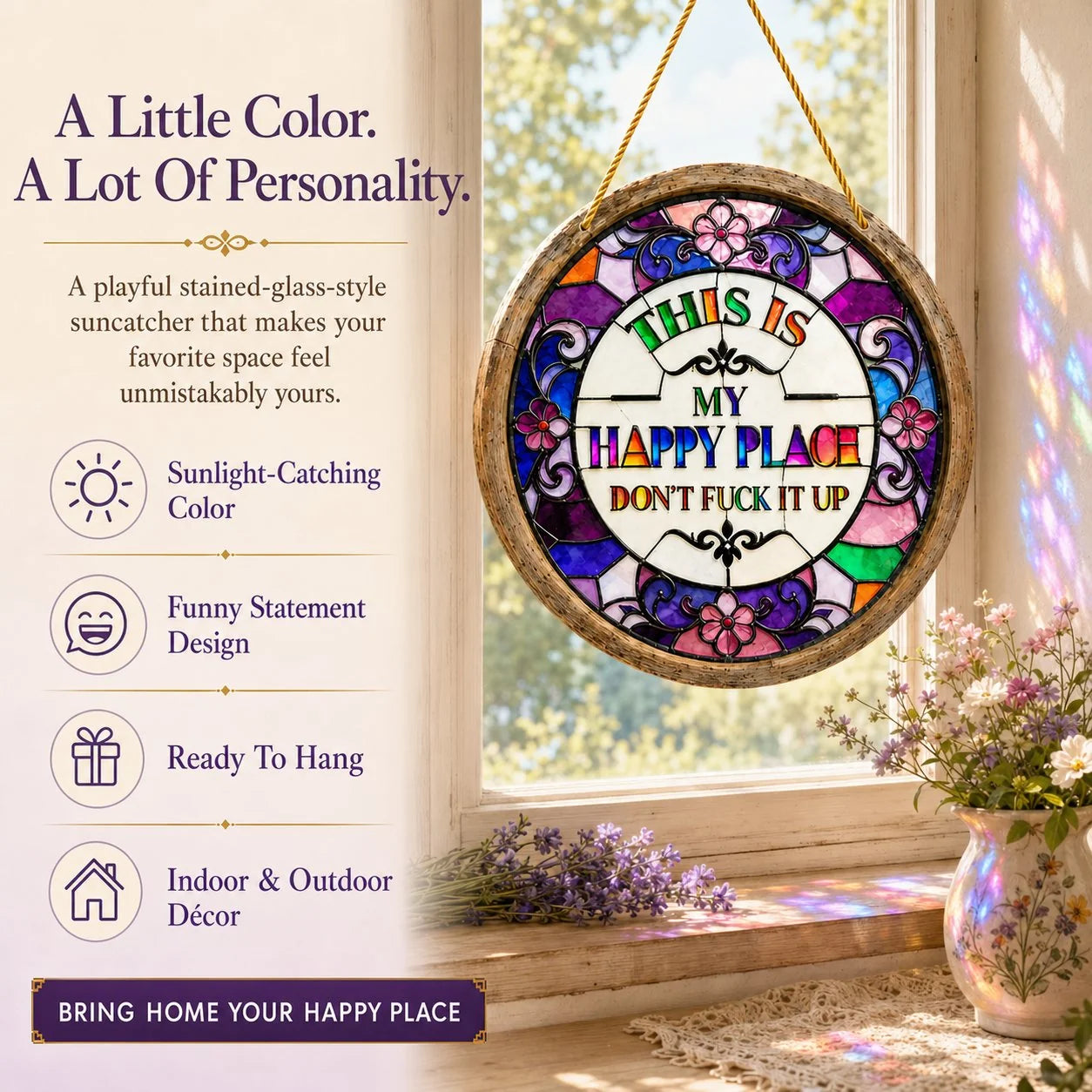 Decorative Stained Glass-Style Happy Place Hanging Sun – Stained Glass