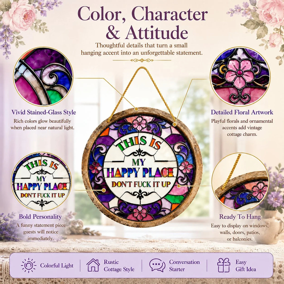 Decorative Stained Glass-Style Happy Place Hanging Sun – Stained Glass