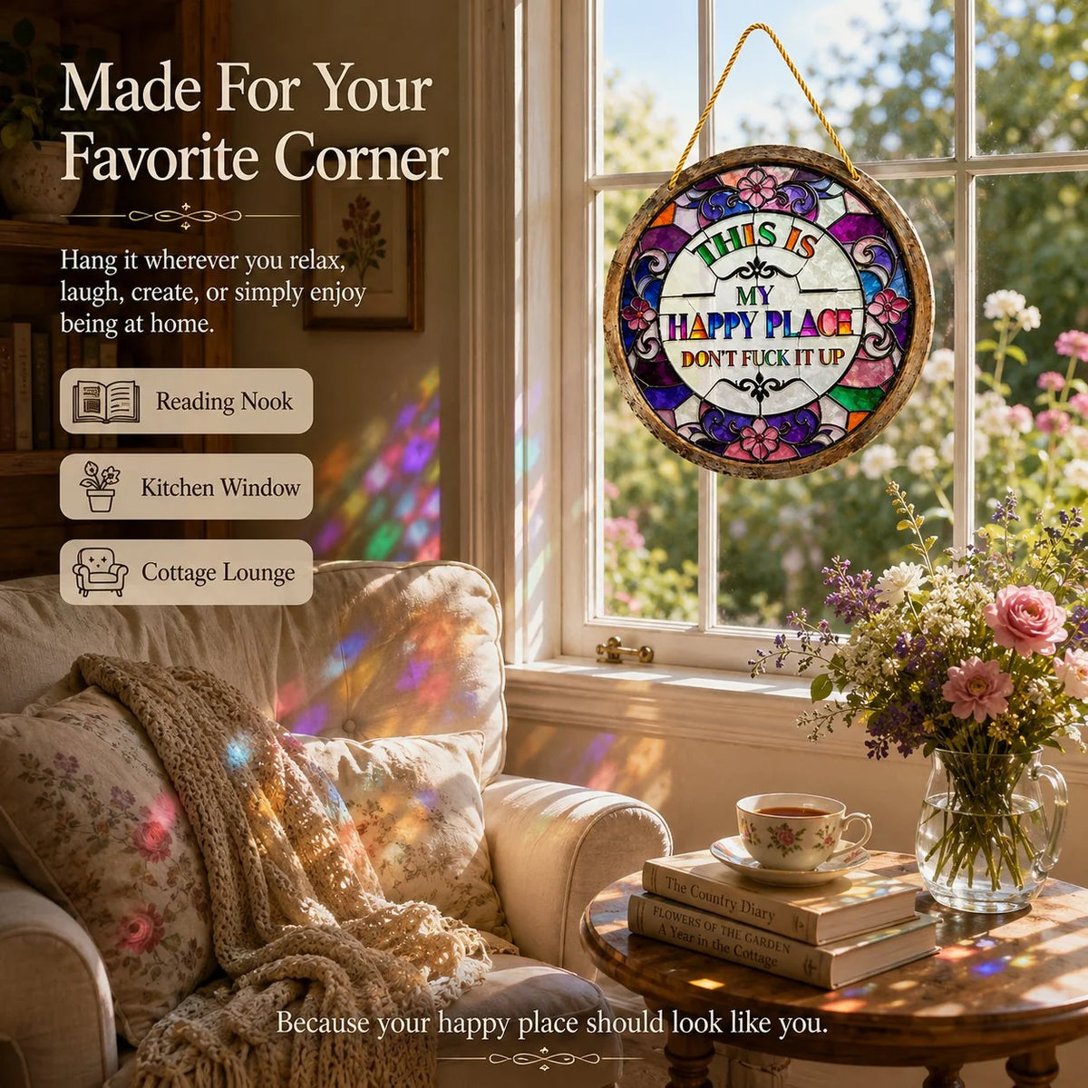 Decorative Stained Glass-Style Happy Place Hanging Sun – Stained Glass