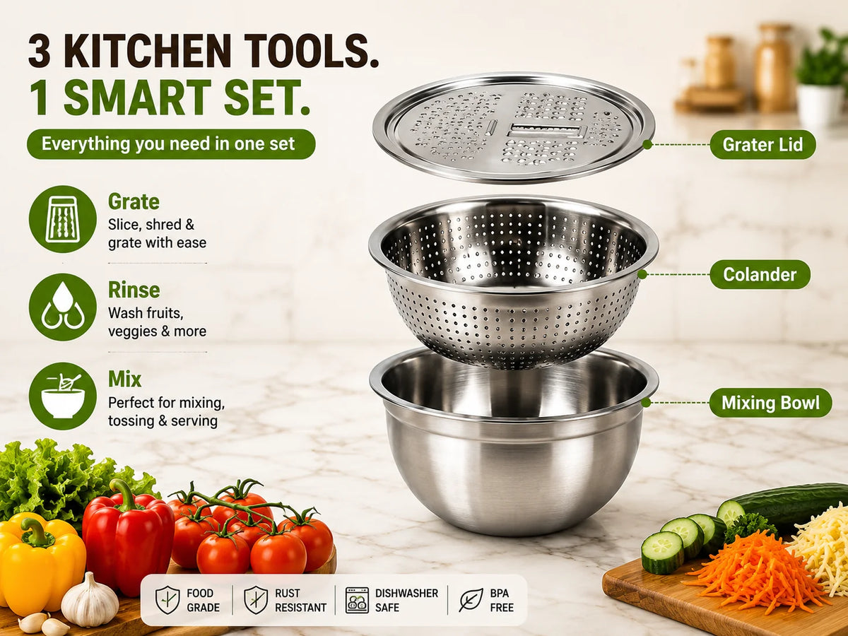 Purpose-Built 3-in-1 Stainless Steel Grater Bowl & Colander