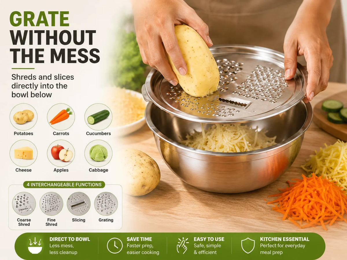 Purpose-Built 3-in-1 Stainless Steel Grater Bowl & Colander