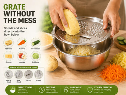 Purpose-Built 3-in-1 Stainless Steel Grater Bowl & Colander