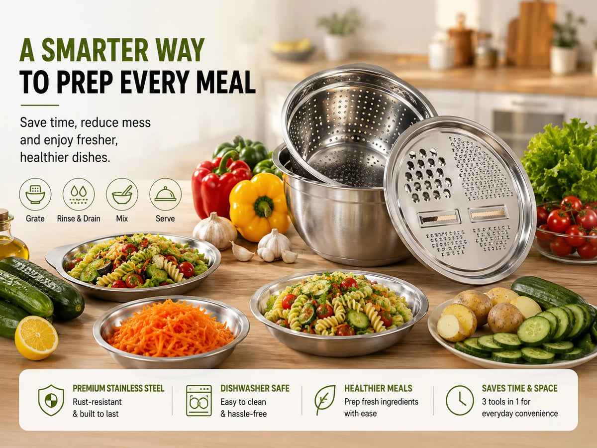 Purpose-Built 3-in-1 Stainless Steel Grater Bowl & Colander