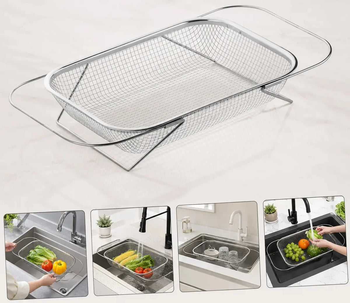 Practical Stainless Steel Over-The-Sink Colander Strainer Basket