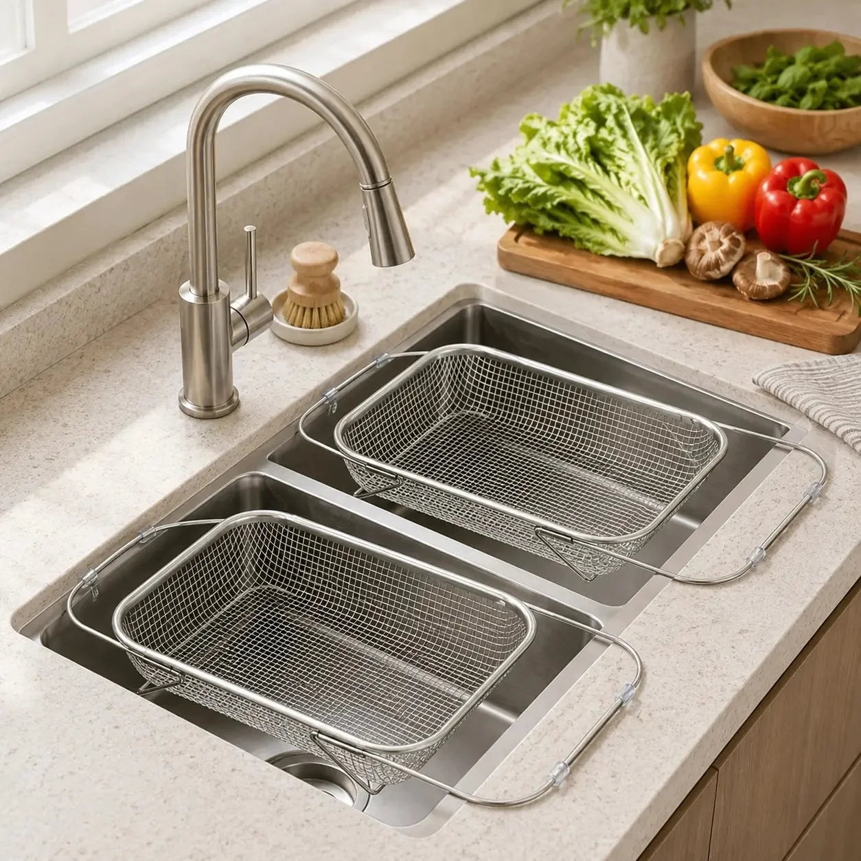 Practical Stainless Steel Over-The-Sink Colander Strainer Basket