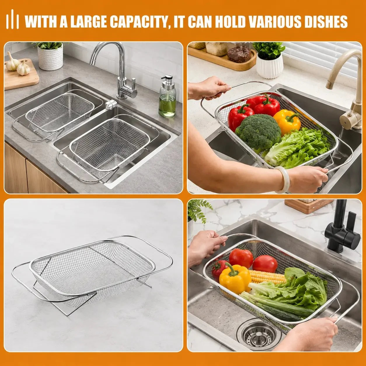 Practical Stainless Steel Over-The-Sink Colander Strainer Basket