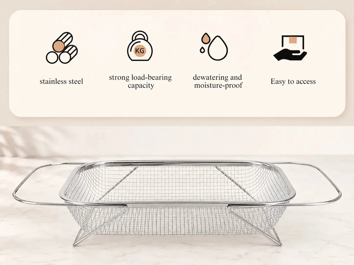 Practical Stainless Steel Over-The-Sink Colander Strainer Basket