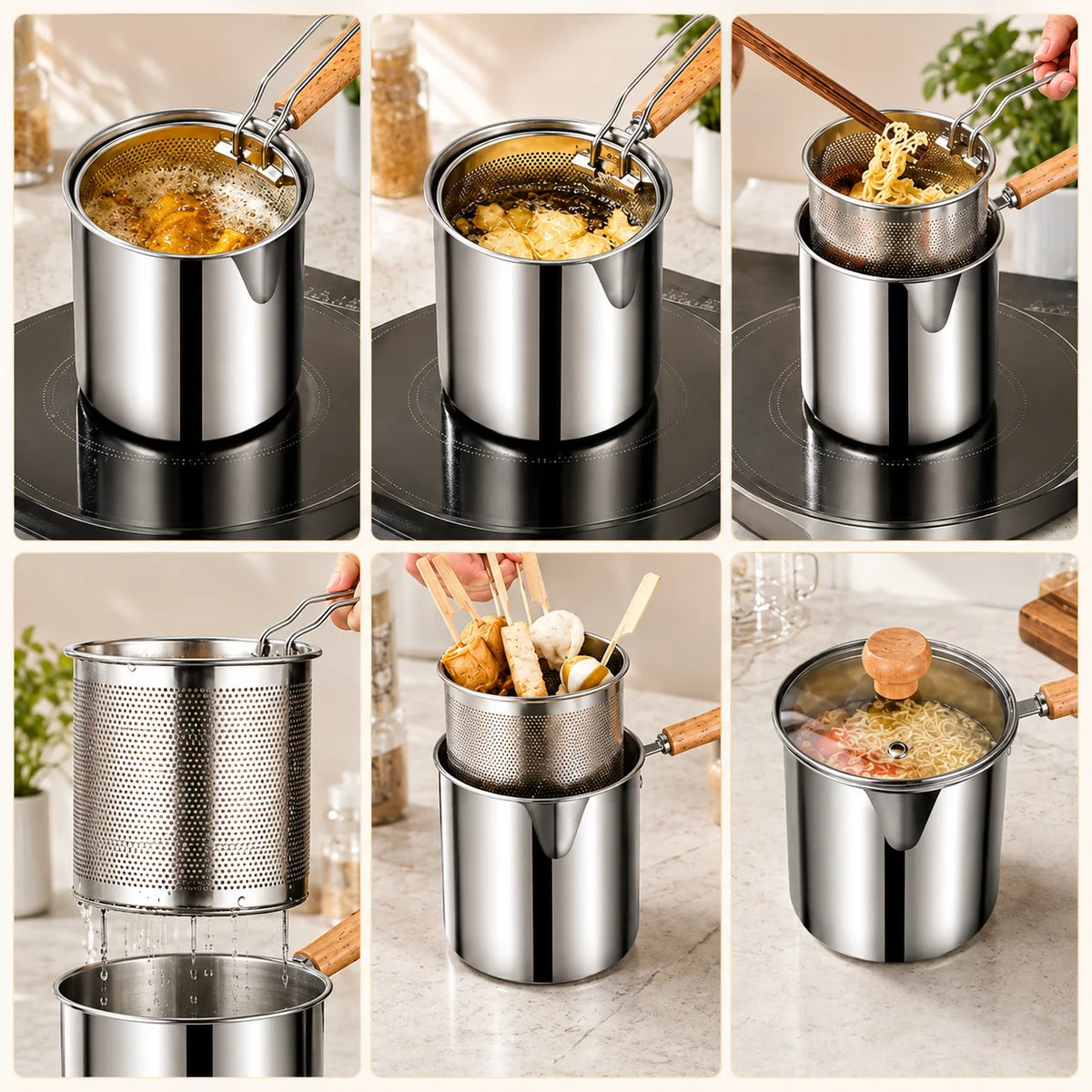 Personal Stainless Steel Mini Deep Fryer with Basket and Food Tongs