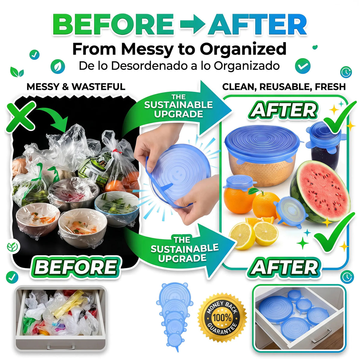 Practical Universal Reusable Silicone Lids – 6-Pack Self-Sealing Food