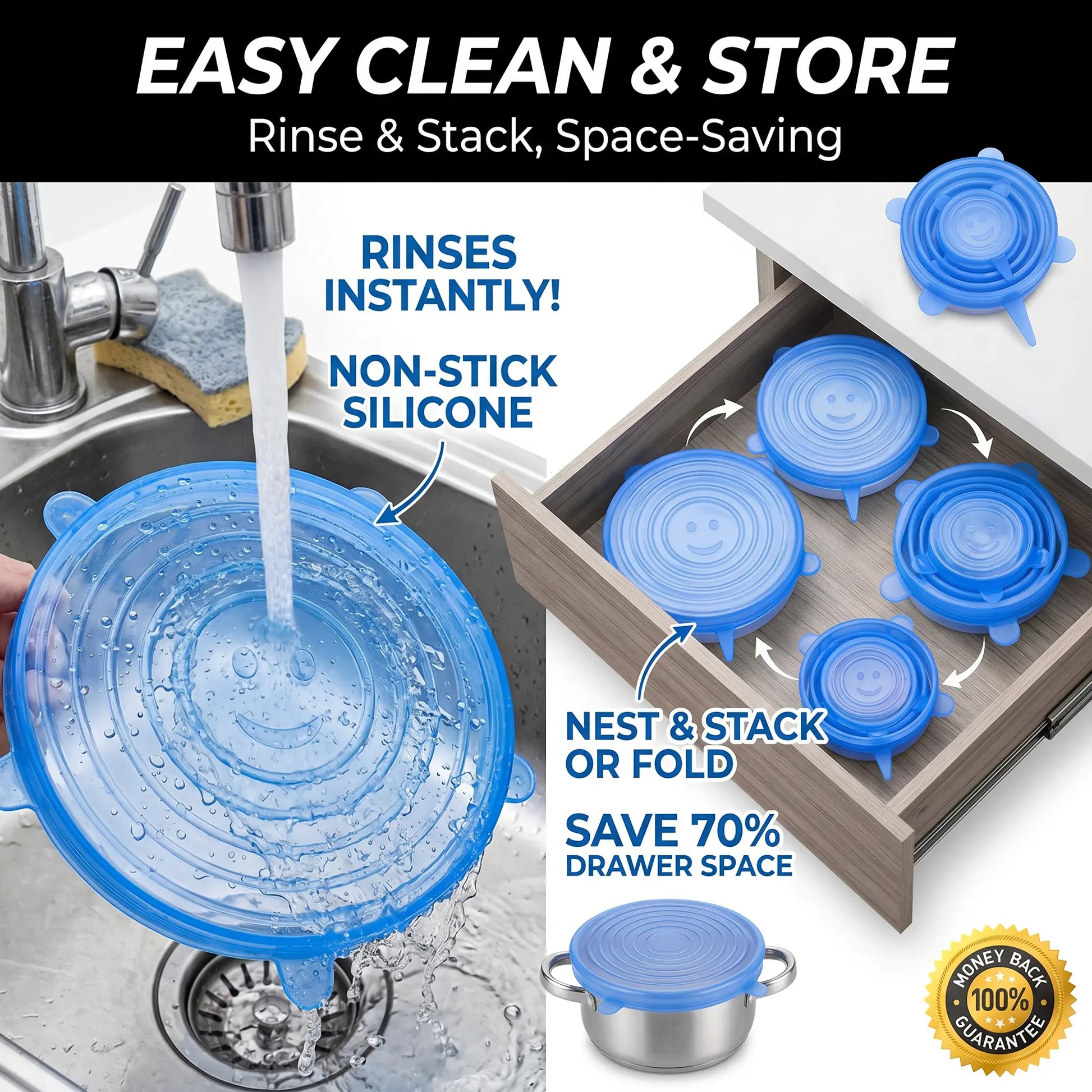 Practical Universal Reusable Silicone Lids – 6-Pack Self-Sealing Food