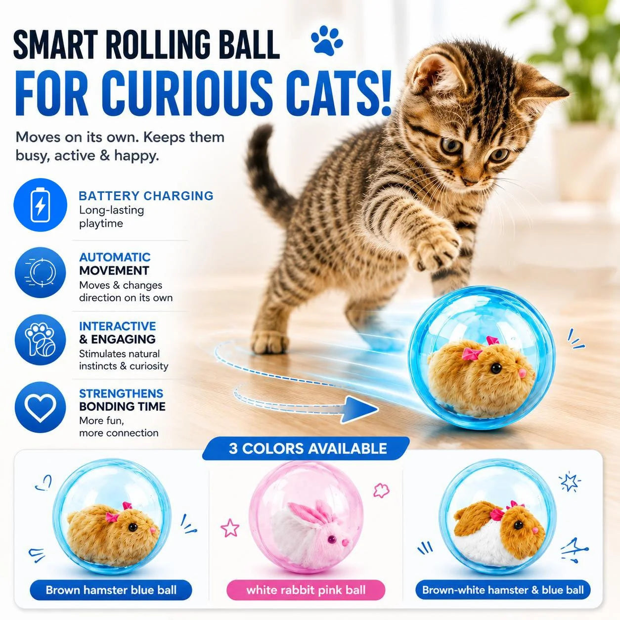 Pet-Friendly Auto-Rolling Ball with Mouse Hands- Play for Indoor