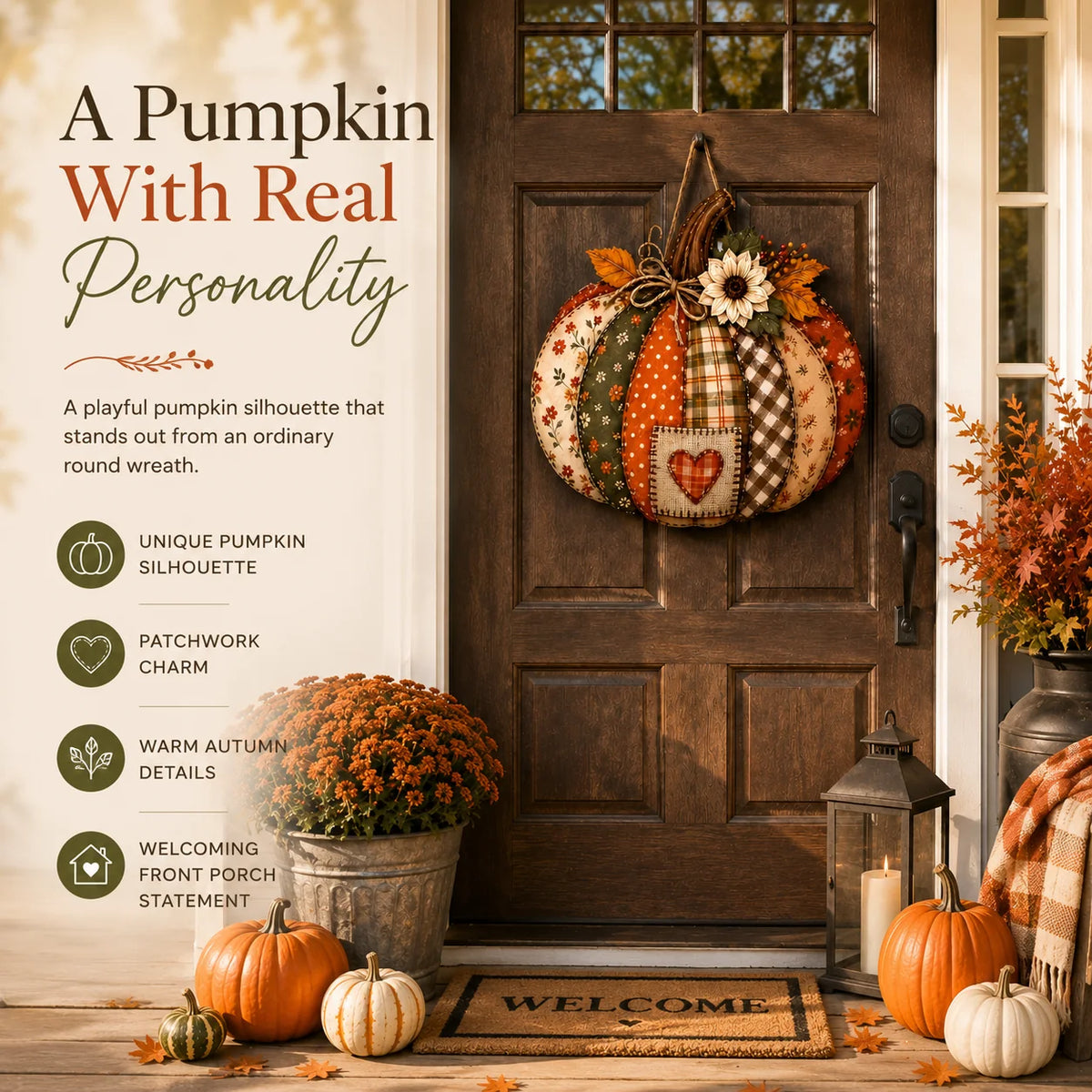 Lighted Retro Patchwork Pumpkin Door Hanger for Autumn Decor