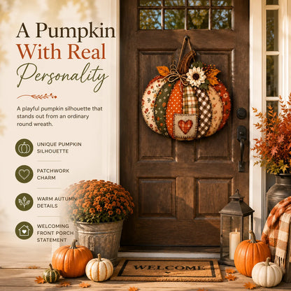 Lighted Retro Patchwork Pumpkin Door Hanger for Autumn Decor
