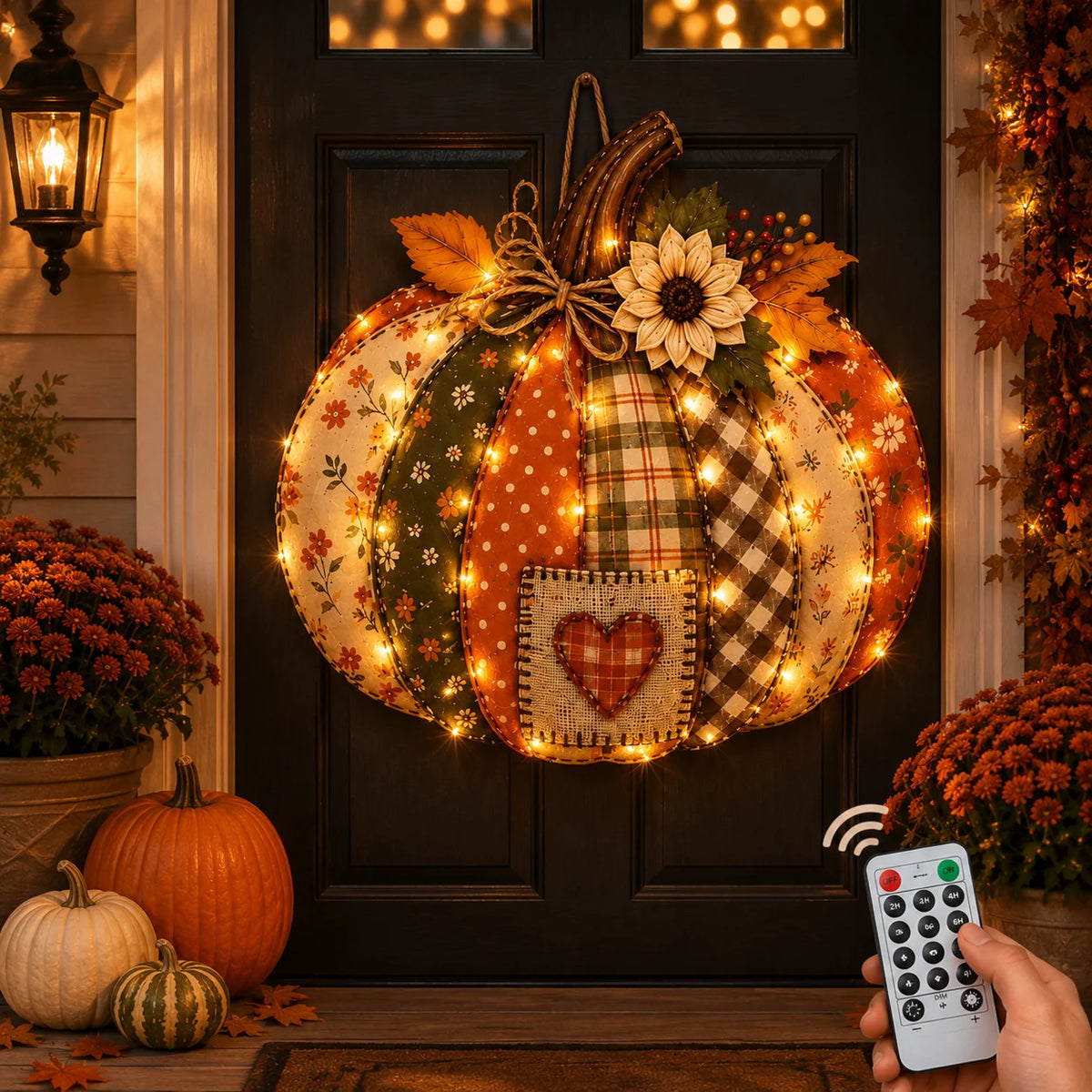 Lighted Retro Patchwork Pumpkin Door Hanger for Autumn Decor