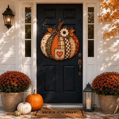 Lighted Retro Patchwork Pumpkin Door Hanger for Autumn Decor