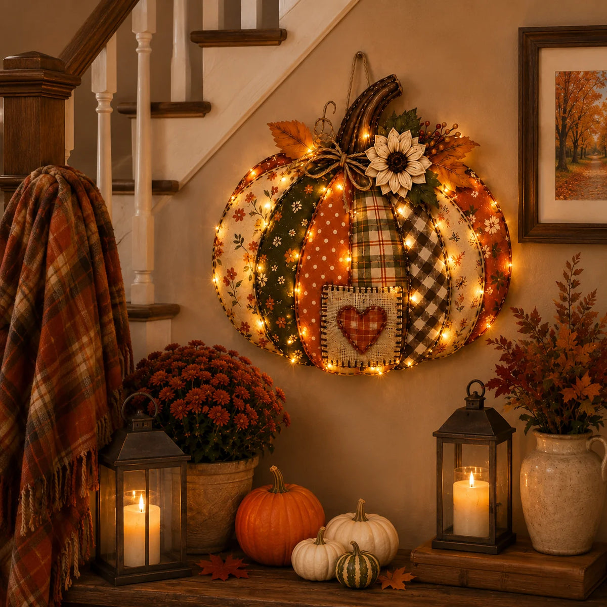 Lighted Retro Patchwork Pumpkin Door Hanger for Autumn Decor