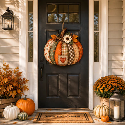 Lighted Retro Patchwork Pumpkin Door Hanger for Autumn Decor