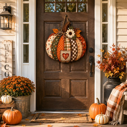 Lighted Retro Patchwork Pumpkin Door Hanger for Autumn Decor