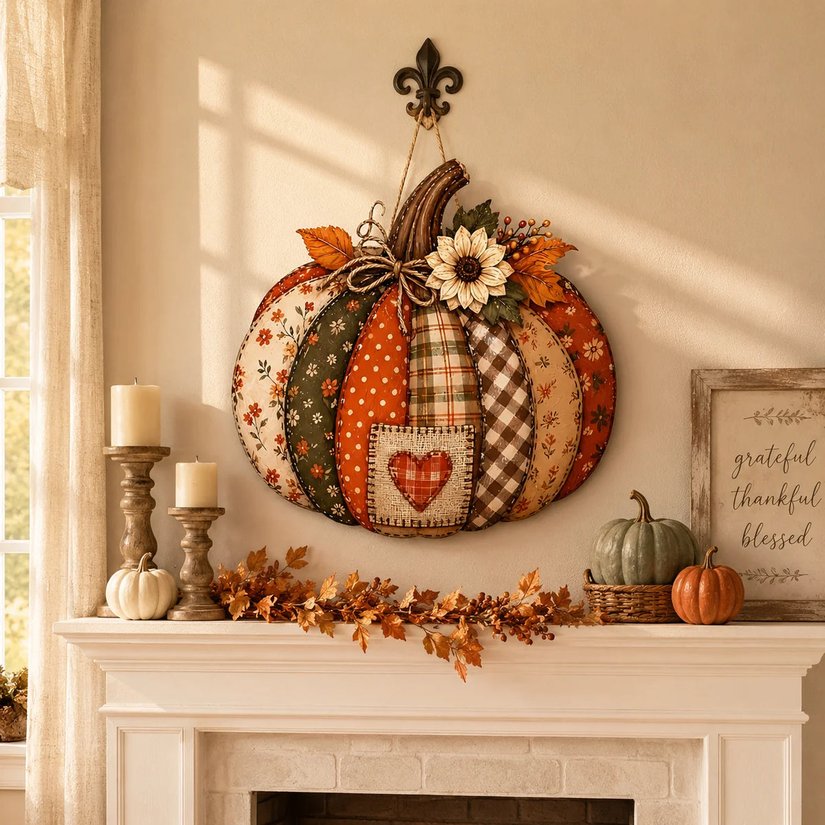 Lighted Retro Patchwork Pumpkin Door Hanger for Autumn Decor