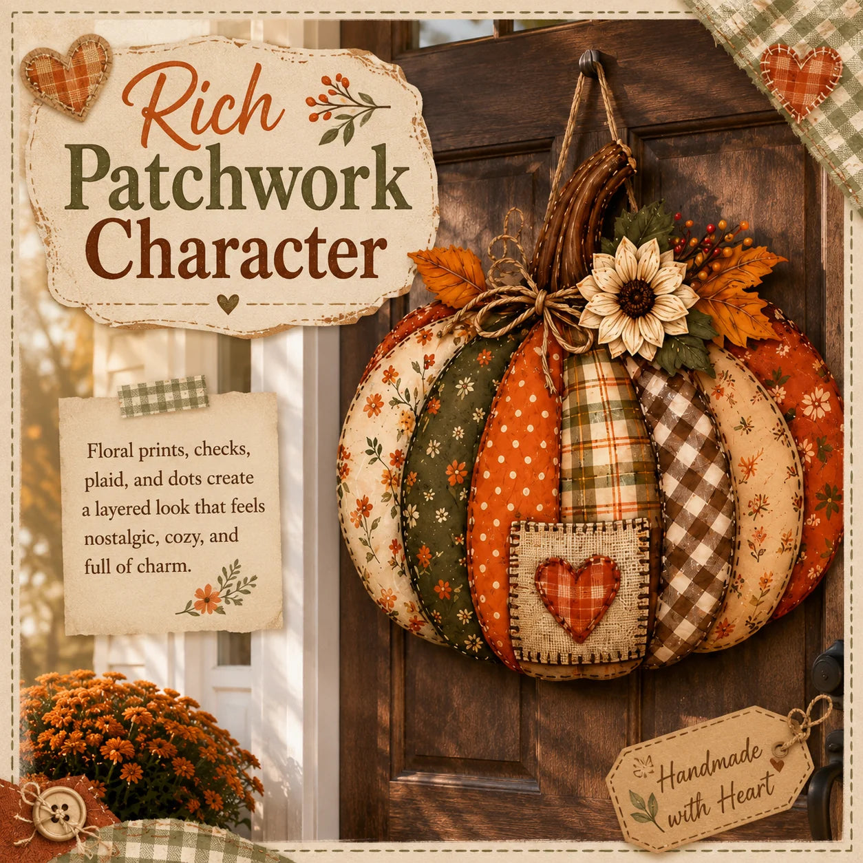 Lighted Retro Patchwork Pumpkin Door Hanger for Autumn Decor