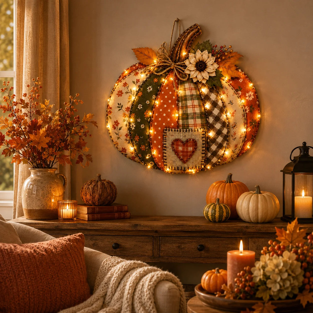 Lighted Retro Patchwork Pumpkin Door Hanger for Autumn Decor