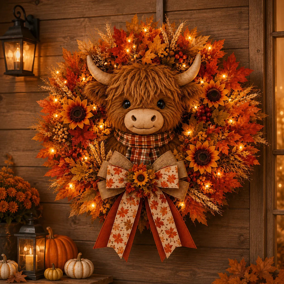 Lighted Retro Patchwork Pumpkin Door Hanger for Autumn Decor