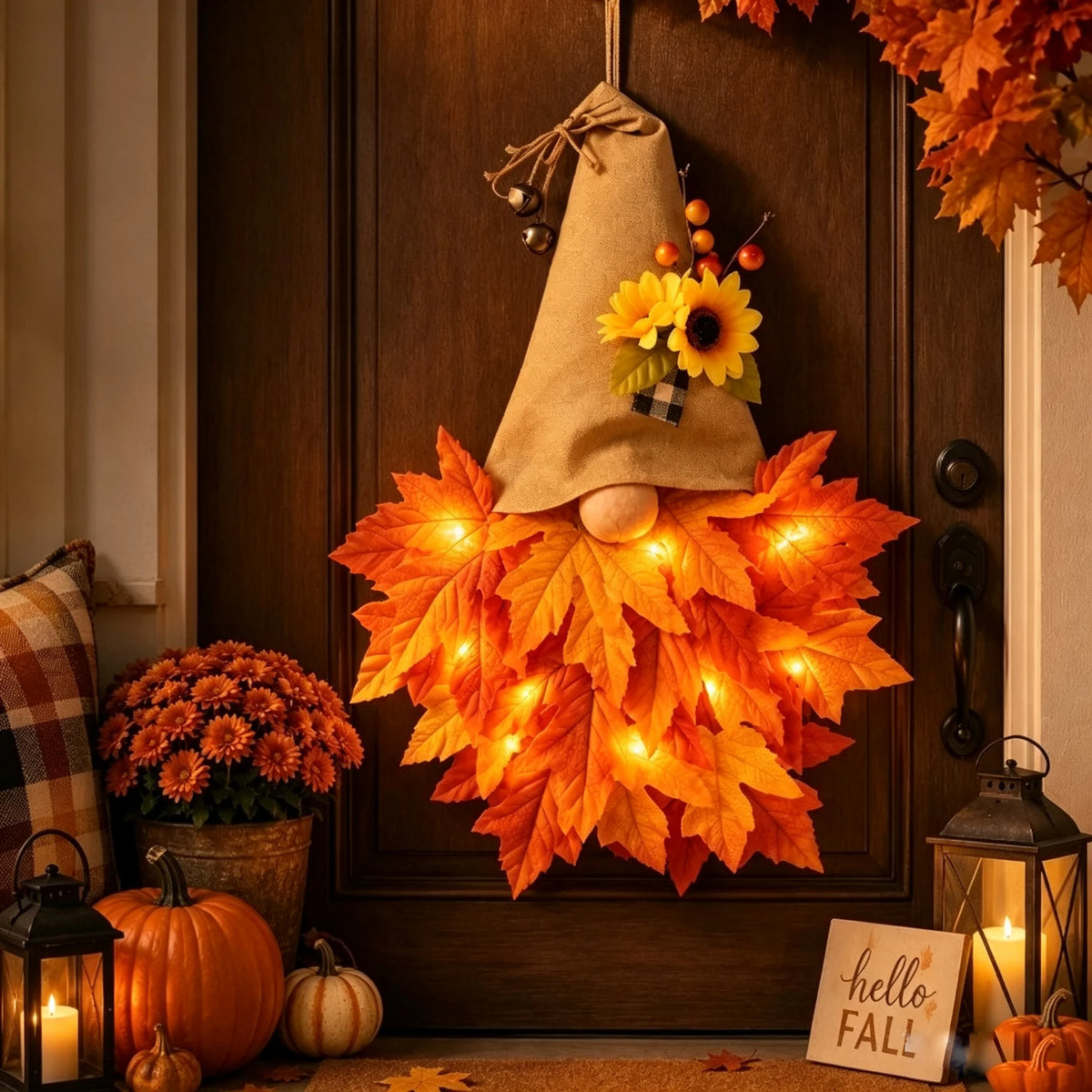 Lighted Retro Patchwork Pumpkin Door Hanger for Autumn Decor