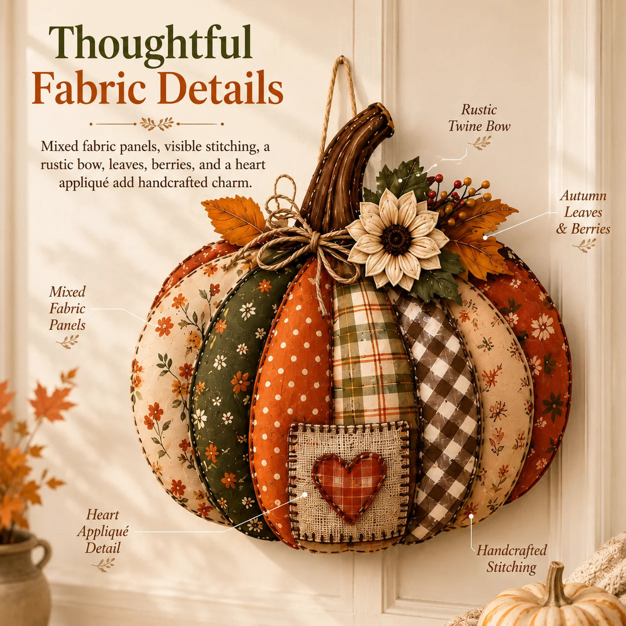 Lighted Retro Patchwork Pumpkin Door Hanger for Autumn Decor