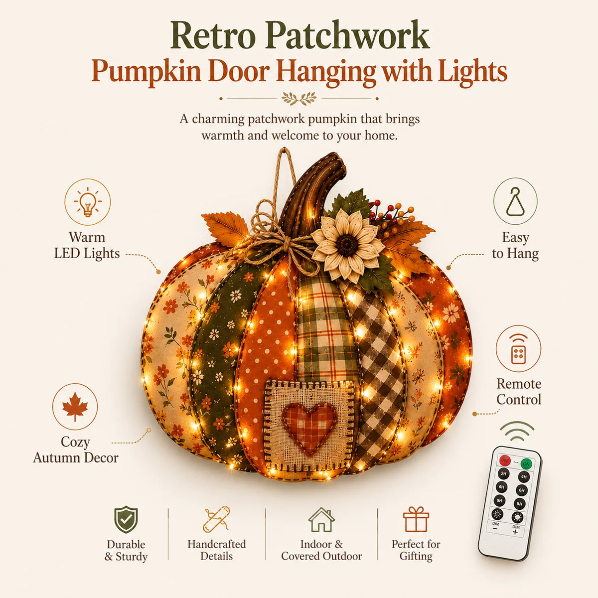 Lighted Retro Patchwork Pumpkin Door Hanger for Autumn Decor