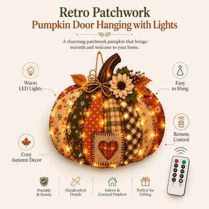 Lighted Retro Patchwork Pumpkin Door Hanger for Autumn Decor