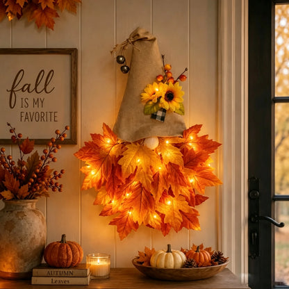 Lighted Retro Patchwork Pumpkin Door Hanger for Autumn Decor