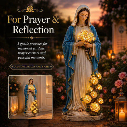 Solar Virgin Mary Garden Light with Glowing Rose Accents
