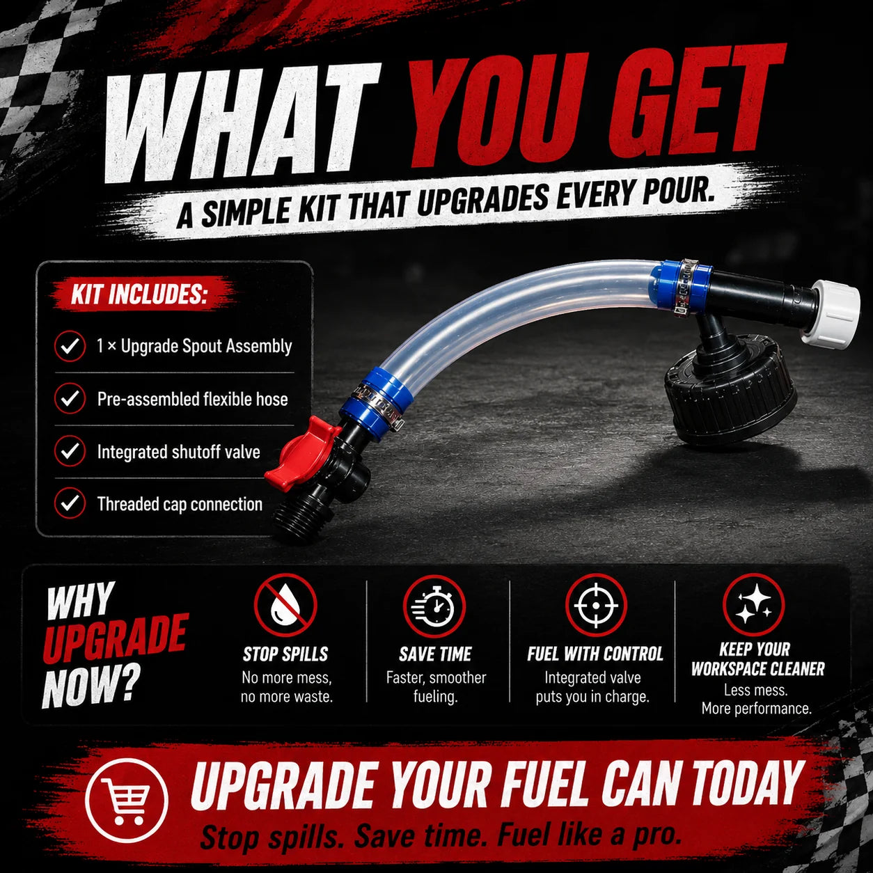 No-Spill Spout Upgrade Kit for Racing Fuel Jugs