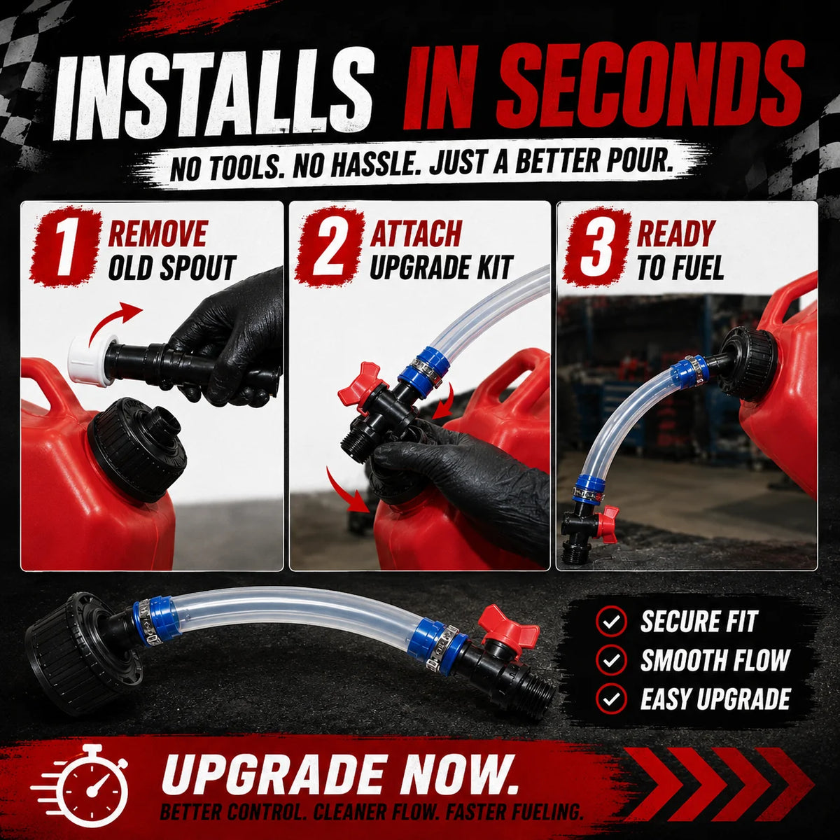No-Spill Spout Upgrade Kit for Racing Fuel Jugs