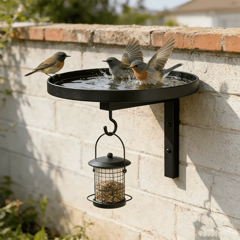 Antique-Bronze Metal Bird Bath with a Wall-Mounted Design