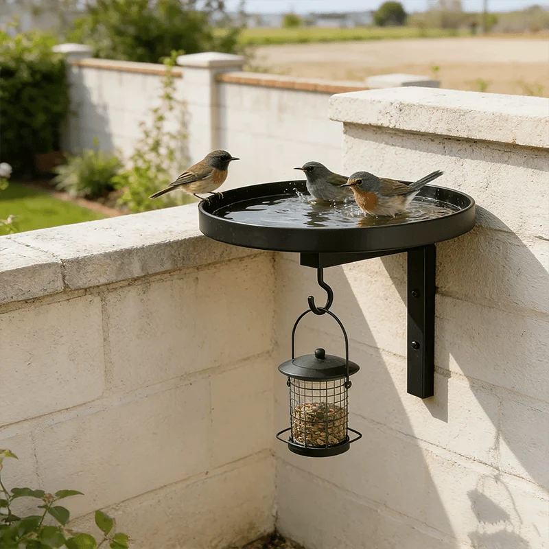 Antique-Bronze Metal Bird Bath with a Wall-Mounted Design