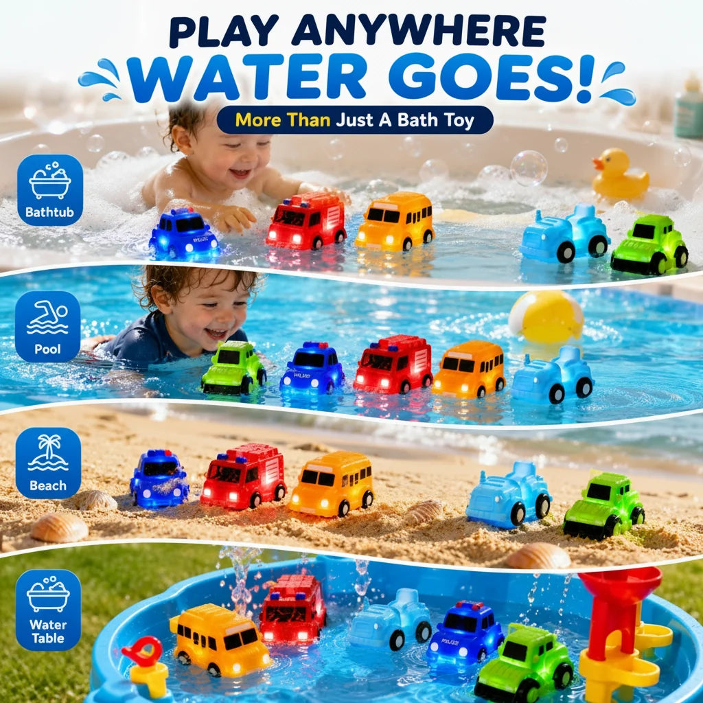 Vehicle-Ready 6PCS Water-Activated Light-Up Bath Toy Cars – Traffic &