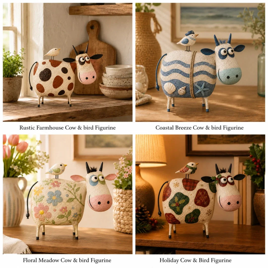 Purpose-Built Whimsical Cow & Bird Folk Art Figurine – Rustic